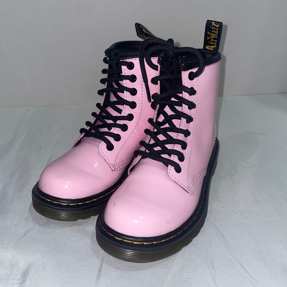 Dr. Martens 1460 Delaney Pink Patent Lamper Lace Up Side Zip Boots Kids